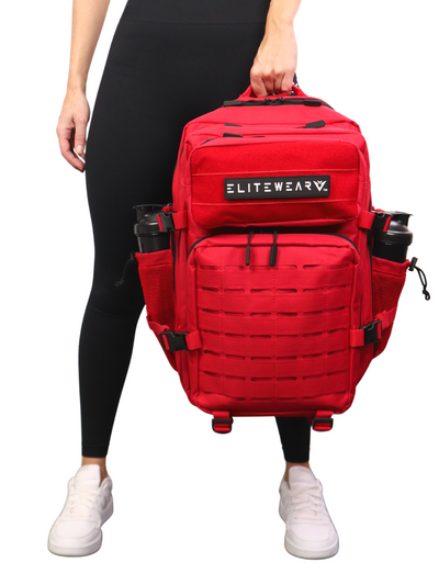 Red backpack with side pockets for water bottles