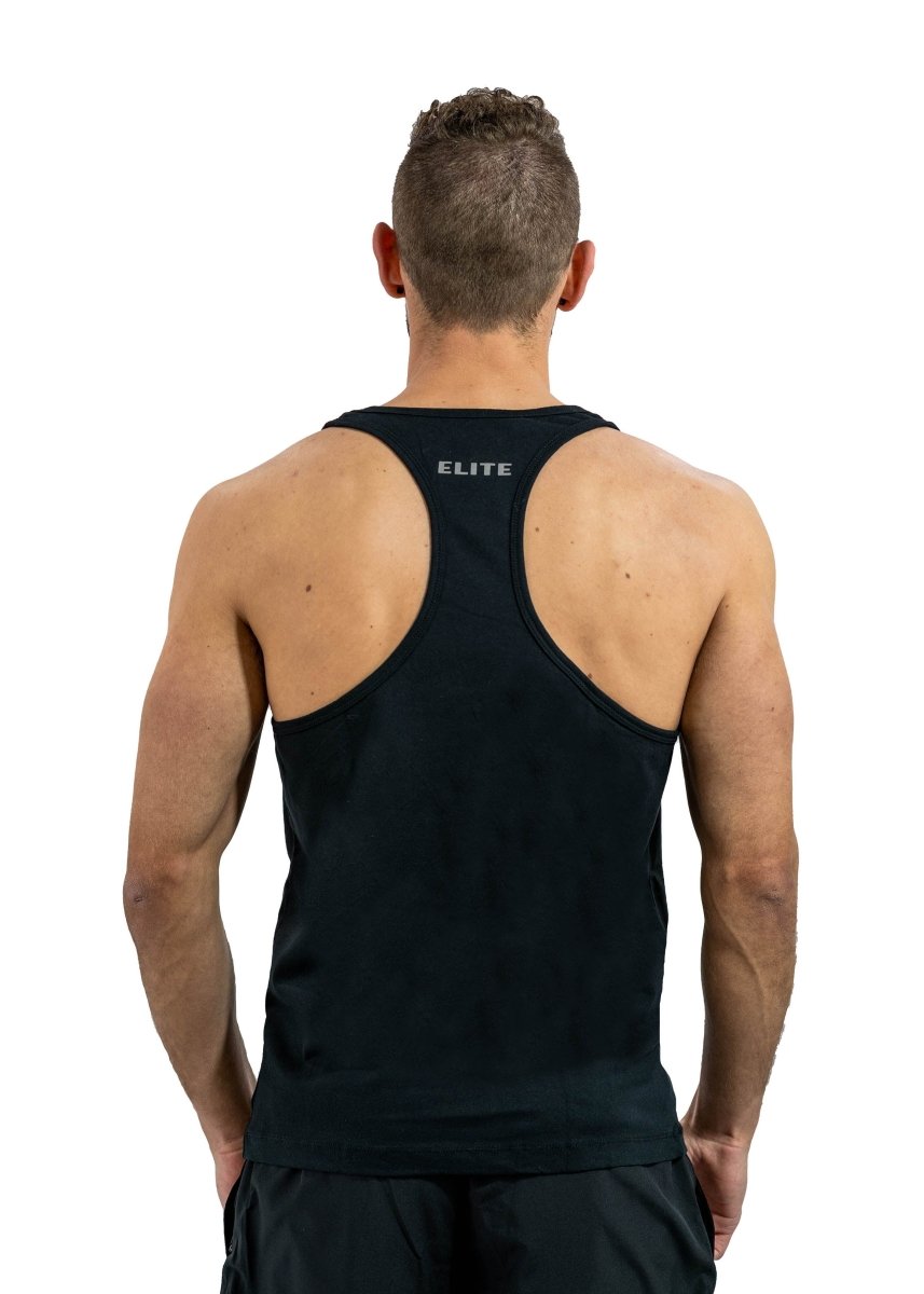 black mens muscle fit stringer vest